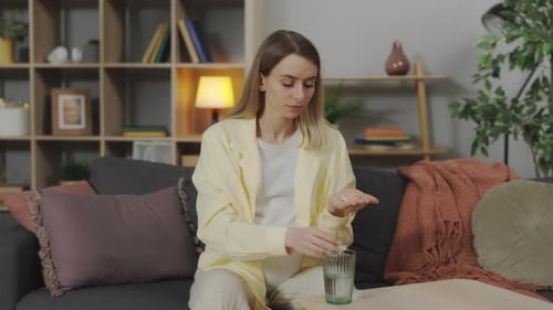 Young Pregnant Woman Taking Daily Medicine Pills or Complex of Vitamins While Sitting on Comfy Couch