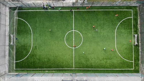 The beginning of a football match and scoring a Goal. Aerial shot of a football match