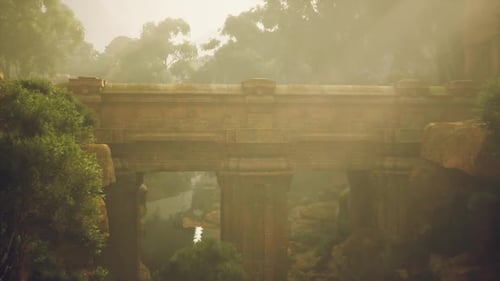 Ancient Stone Bridge Surrounded By Lush Greenery in Golden Sunlight