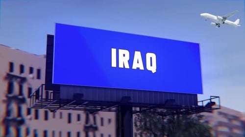 Iraq Road Sign With A Street Billboard And An Airplane Taking Off In The Background
