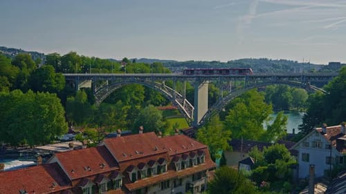 Bern Medieval Old Town with a Tramway and Traditional Red Roofsdriving on the Kirchenfeld Bridge