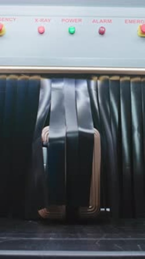 Airport Security Checkpoint Passenger Takes Suitcase From Conveyor Belt After Luggage Screening