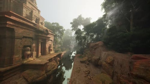 Serene Archaeological Site Under Misty Forest Canopy Invites Discovery