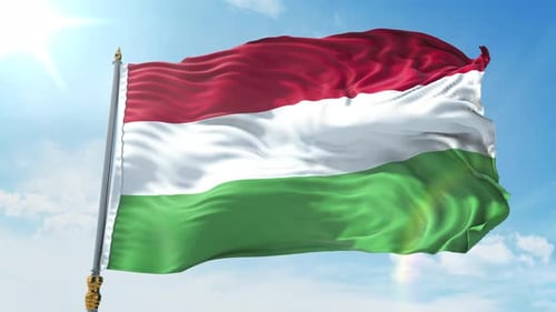 Realistic 3D Hungarian Flag Waving in Clear Blue Sky