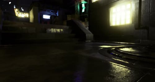 Urban Night Scene with Reflections and Colorful Lights in a Rain Soaked Alley