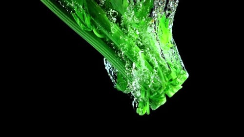 Super Slow Motion Fresh Celery Falls Under the Water with Air Bubbles Filmed on a Highspeed Camera