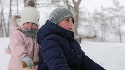 Children Playing in Snowy Winter Wonderland Landscape