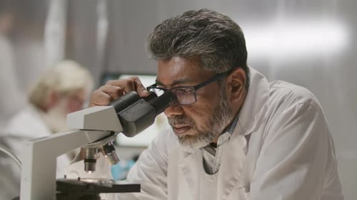 Scientist Examines Sample Through Microscope in Lab