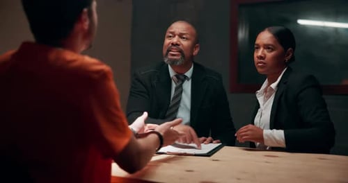 Suspect, police and question in interrogation room for investigation, discussion or arrest