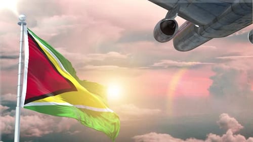 Guyana Flag Waving Realistic With Sky Plane Takes Off At Sunrise