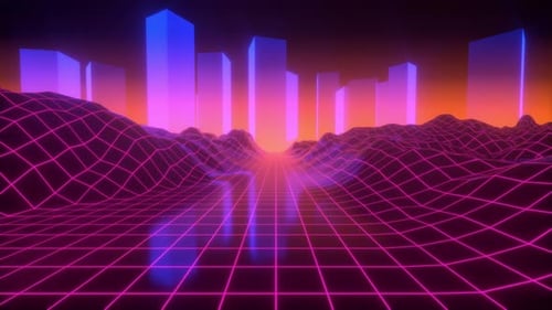 Synthwave, crossing an ocean of retro vibes. Holographic skyscraper background. Neon 80s retro, loop