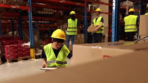 Multiple views of a female warehouse worker wearing a safety vest and helmet performing various task