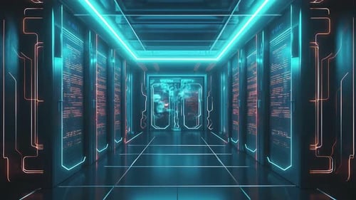 Sci-Fi Server Room Corridor with Glowing Neon Lines and Data