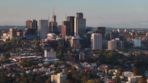 North Sydney Suburb cityscape with skyscrapers. Drone panoramic of commercial buildings.