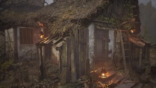 An Old Village with Wooden Dilapidated Houses