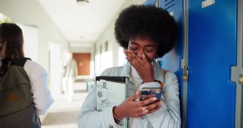 Surprised, girl student and smartphone in university for education, online results