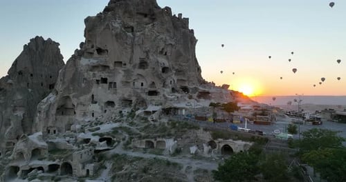 Aerial Cinematic Drone View of Colorful Hot Air Balloon Flying Over Cappadocia