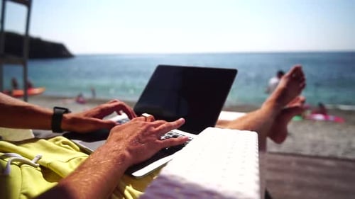Man Laptop Sea Working Remotely on Seashore Happy Successful Man Male Freelancer Working on Laptop