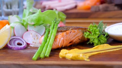 Grilled Salmon with Fresh Vegetables and Sauces