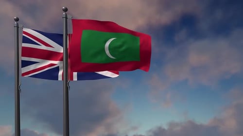 Realistic Union Jack and Maldives Flags Waving Motion Background