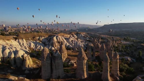 Aerial View of Hot Air Balloons Flying Above Authentic Landscape of Cappadocia, Turkey