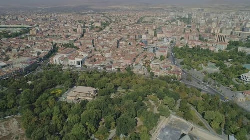 Aerial view towards Konya city from Alaeddin Hill with drone