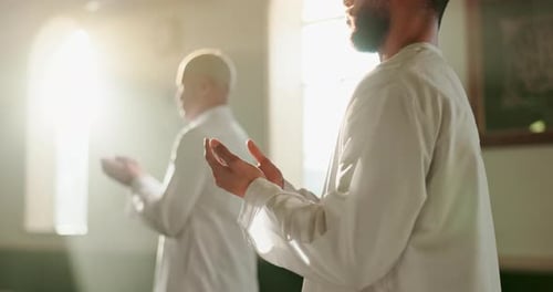 Prayer, hands and muslim men at mosque with peace, hope and understanding