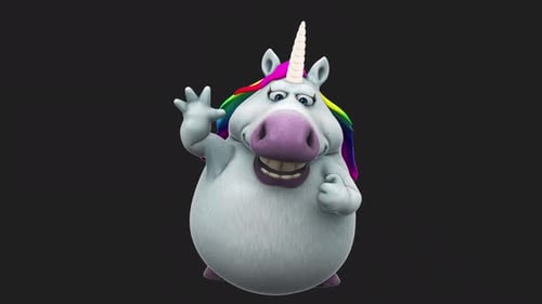 Fun 3D cartoon unicorn waving (with alpha channel)