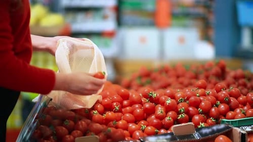 Mujer recogiendo tomates cherry en una bolsa reutilizable en una tienda. Temáticas del Día de la Tierra y la Ecología