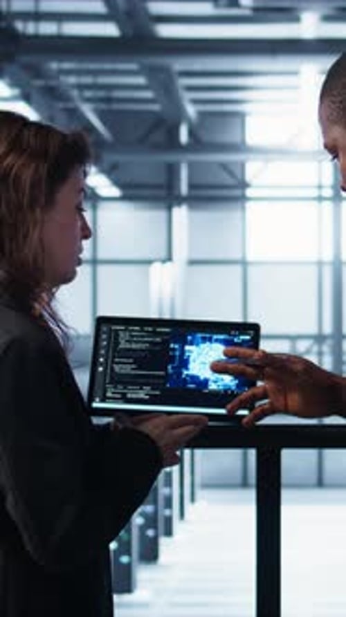 Vertical Video Software Developers in Data Center Use AI Technology on Tablet