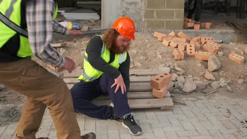 Injured Construction Worker Sits While Other Checks On Him