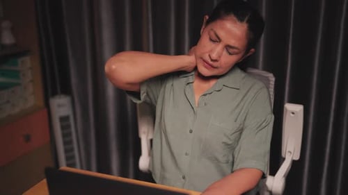 Businesswoman stressed from work, social problems, health care and office syndrome.