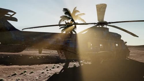 Old Rusted Military Helicopter in the Desert at Sunset