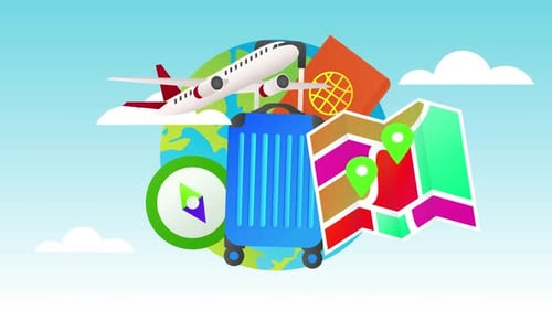 Animated Modern Travel Icons with Map, Airplane, and Globe