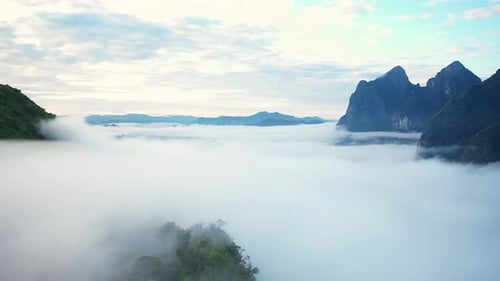 Luftbild der tropischen Berglandschaft im Morgennebel