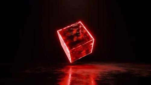 3D Render Animation Loop of Glowing Neon Cube and Reflecting Floor