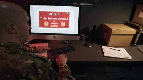 Colleagues Reacting to Hacker Attack on Computer in Military Cybersecurity Hub