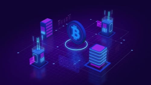 Glühende Bitcoin-Münze, umgeben von futuristischer Serverinfrastruktur