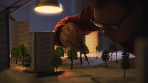Architect Working on City Model at Night