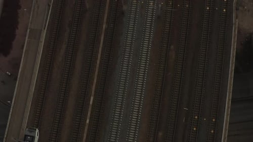 Flying over the train and railways. Drone top view.