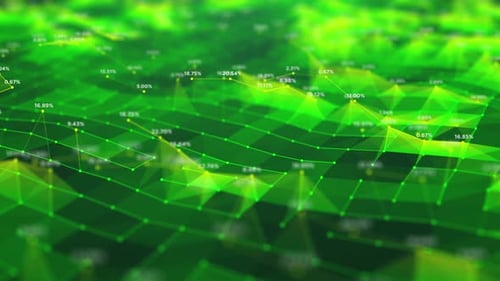 Paysage polygonal vert avec des points de données superposés, symbolisant la cartographie numérique du terrain et les finances