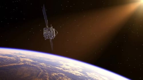 Satellit, der die Erde mit Sonnenkollektoren umkreist