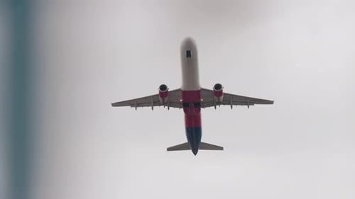 Low Angle Looking Up View Passenger Airplane in Cloudy Sky Aircraft Overhead Bottom View Flying Jet