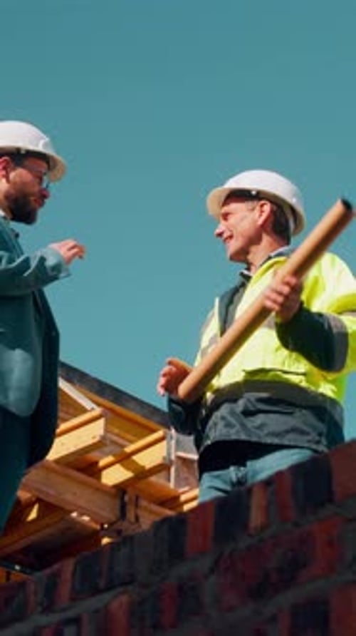 Construcción, equipo y hombres hablando sobre el desarrollo del edificio, la retroalimentación del proyecto y el ángulo bajo