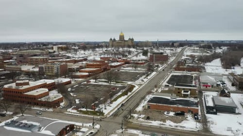 Iowa State Capitol Building in Winter. Aerial Flight over Des Moines