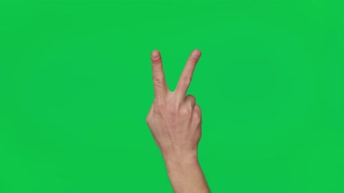 Man's Hand Shows Gestures and Signs of Victory on a Chroma Key Green Screen Background Two Fingers
