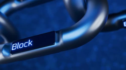 Changing the blockchain inscription. Metal chain with the inscription blockchain. Blockchain technol