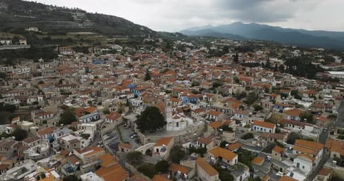 Aerial view of medieval village with stone buildings, Cyprus.