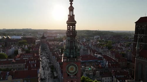 Aerial Video Shot By Drone Over the Historic Tourist Center of Gdansk the City Hall and the