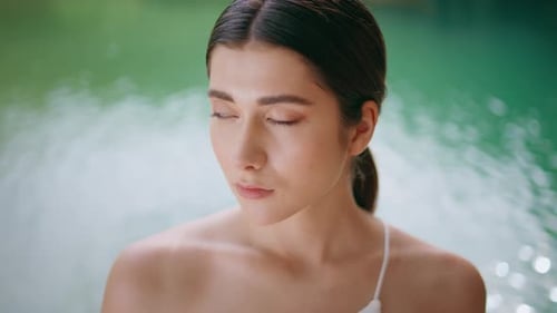 Portrait Swimsuit Girl Sunny Lagoon View Stunning Woman Posing Tropical Nature